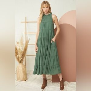 Indigo Soul Boho Feminine Tiered Maxi Dress w Ruffles Tie Back Women’s Medium